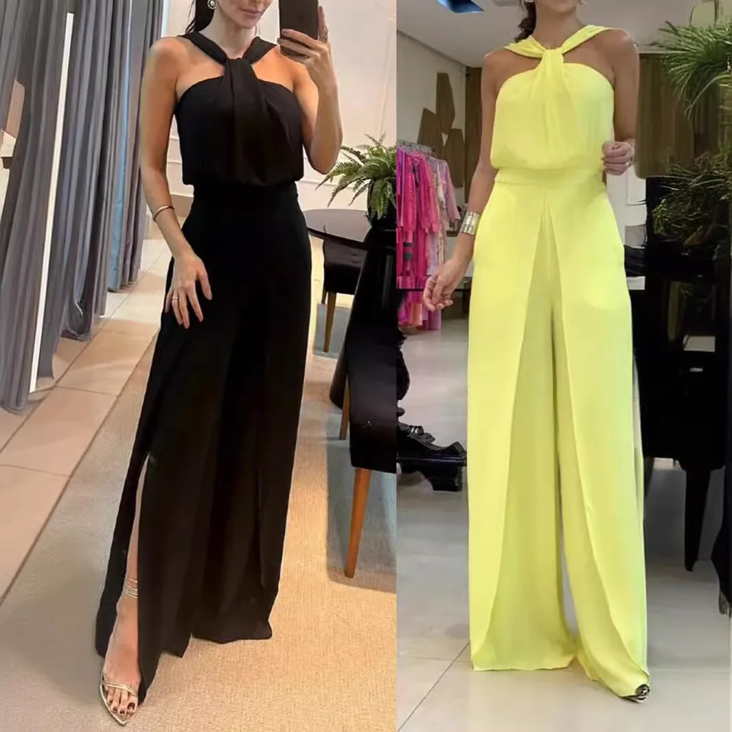 

Women's Jumpsuit with Neck Hanging, Solid Color Sleeveless Sexy Backless Jumpsuit for Summer 2025