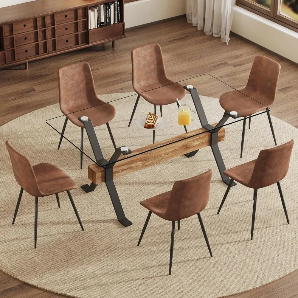 

Dining Table and Chairs, Tempered Glass Tabletop,Plated Metal Legs and MDF Crossbar,6 PU Chairs ,7 Piece Glass Dining Table Set