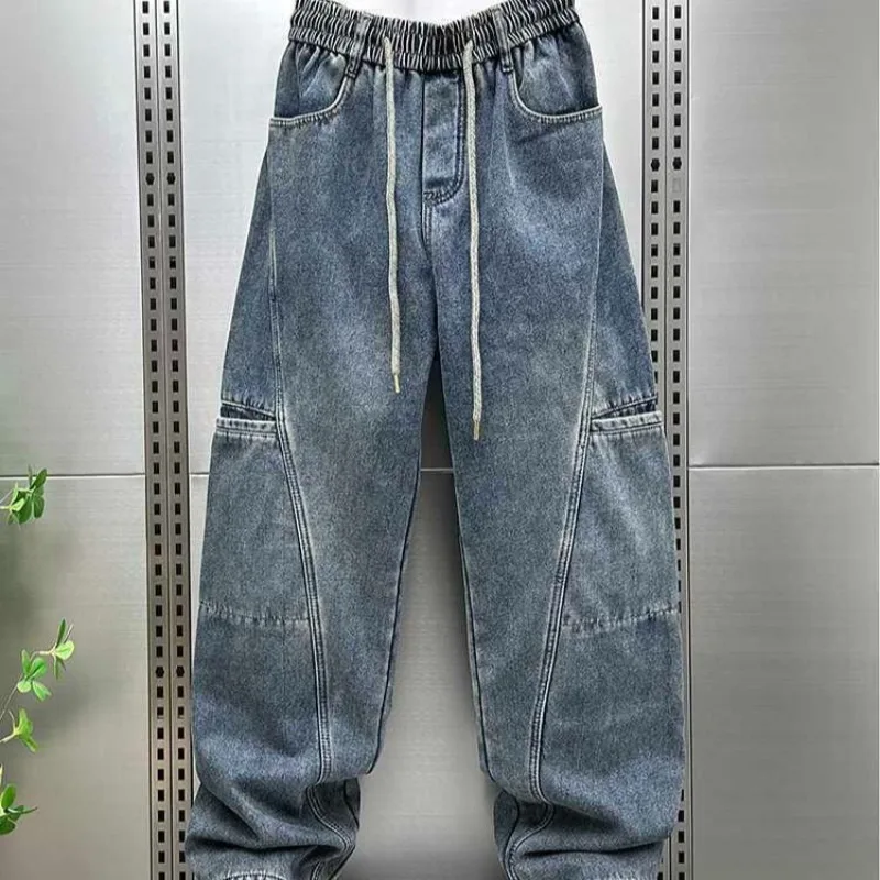 

Jeans Men's 2026 Autumn and Winter New Elastic Waist Drawstring Loose Straight Wide Leg Pants Fashion Splicing Casual Pants