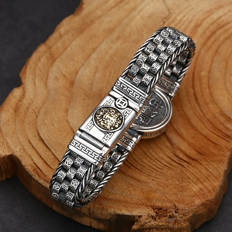 925 sterling silver hand weaving bracelet Vintage Vintage thick type for men Thai silver trendy ornament