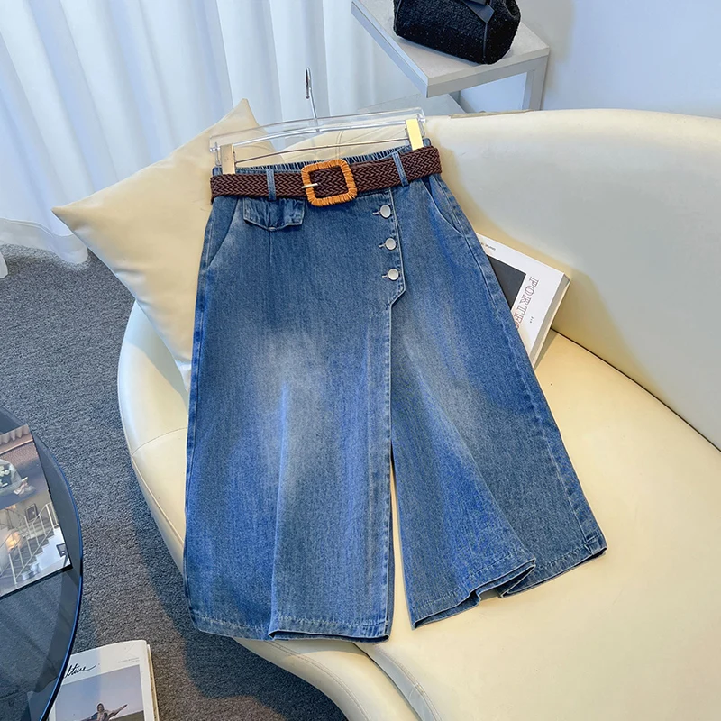

Women's Loose Mid-Length Thin Denim Skirt High Waist Straight Leg Jeans Light Color f Skirt Autumn Faion plus Size
