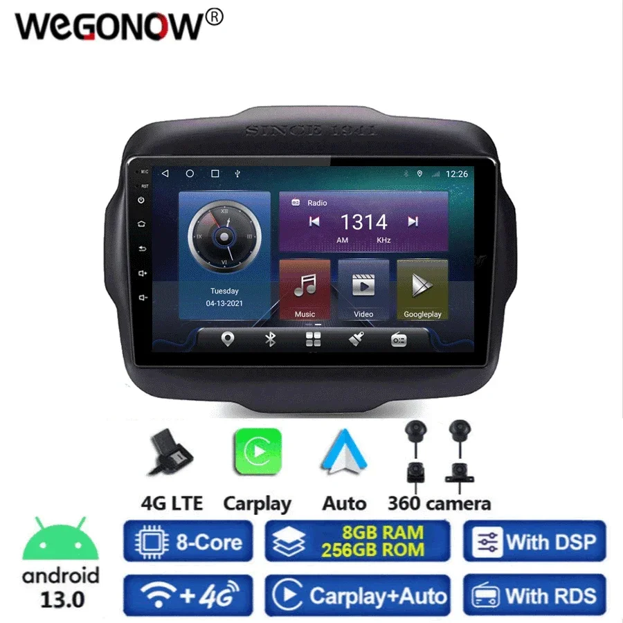 

360 Panoramic Camera CanBus 8GB+256GB Android 13.0 Car DVD Player GPS WIFI Bluetooth RDS Radio For Jeep Renegade 2016- 2019 2020