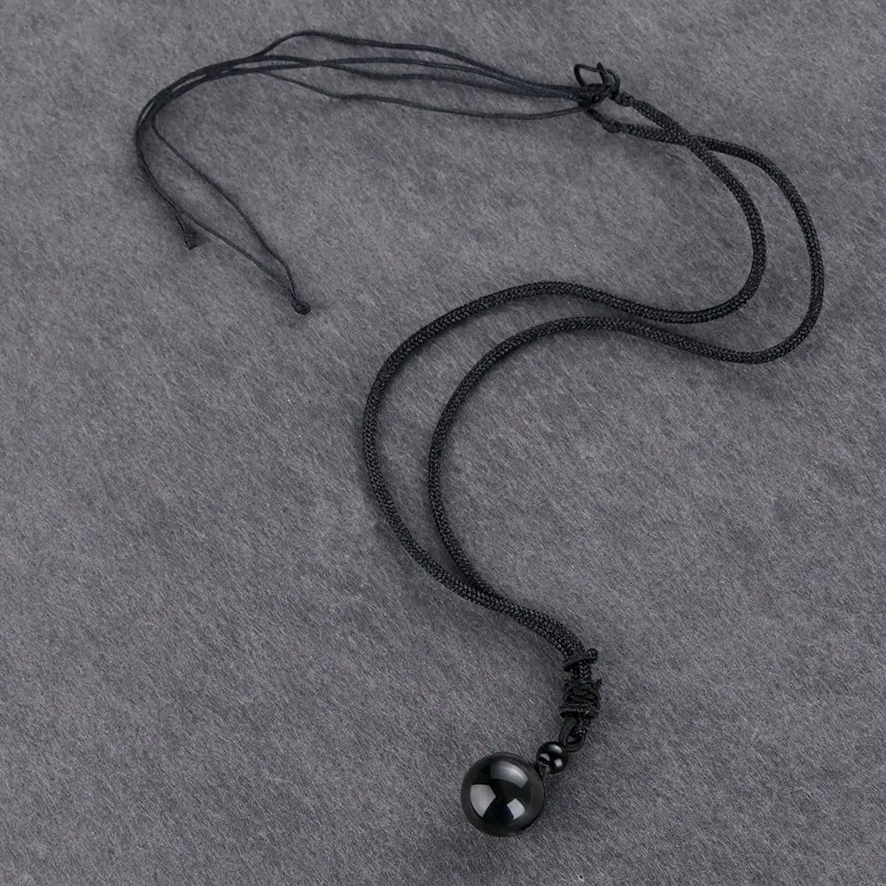 Men Black Blessing Amulet Round Ball Obsidian Pendant Necklace