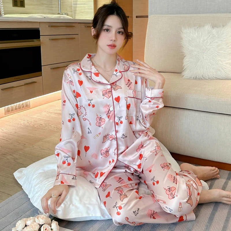 Cherry Pink Heart Sweet Women\'s 2pcs Home Pajamas Korean Ins Style Cartoon Print Sleep Loungewear 2024 New Summer Y2k House Sets