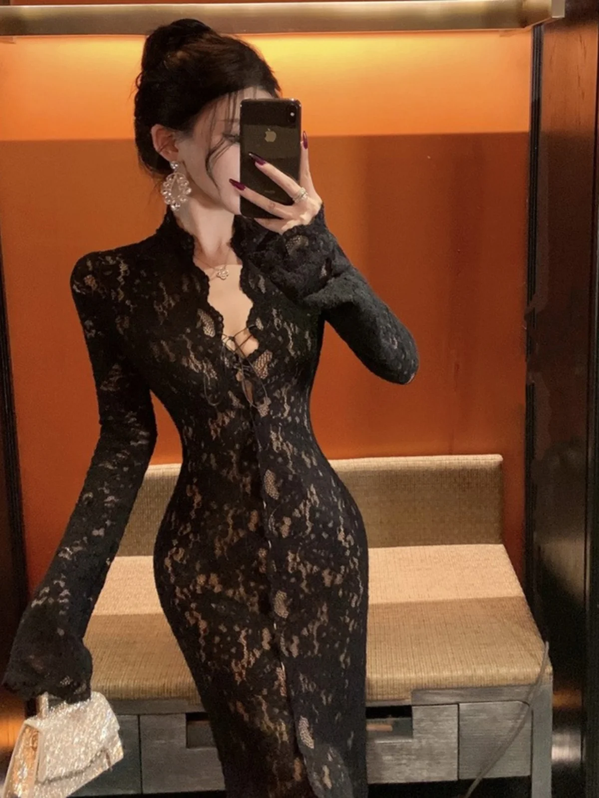 

Ele Pure Desire Sexy V-ne Women's Dr Lace Split Long Sve mid Waist Bodycon Dr for Par Wedding Date