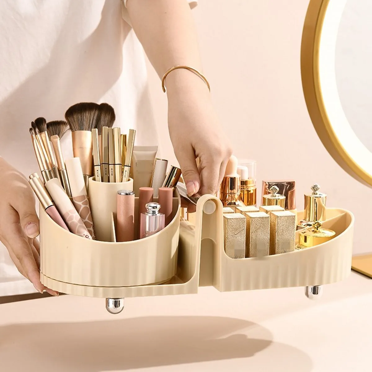 Makeup Brush Holder Organizer -360° Rotating Pen Holder Portable Desktop Makeup Organizer Cosmetic Storage Box Make Up Tools