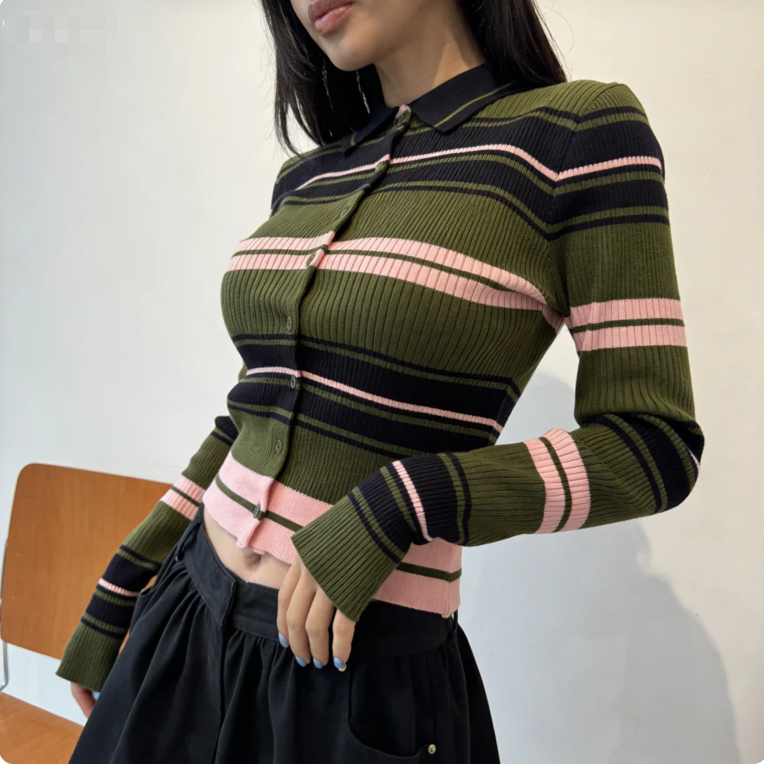 Women Striped Ribbed Knitted Top Polo Collar Button Down Slim Fit Vintage Preppy Style Casual Cardigan for Spring Autumn