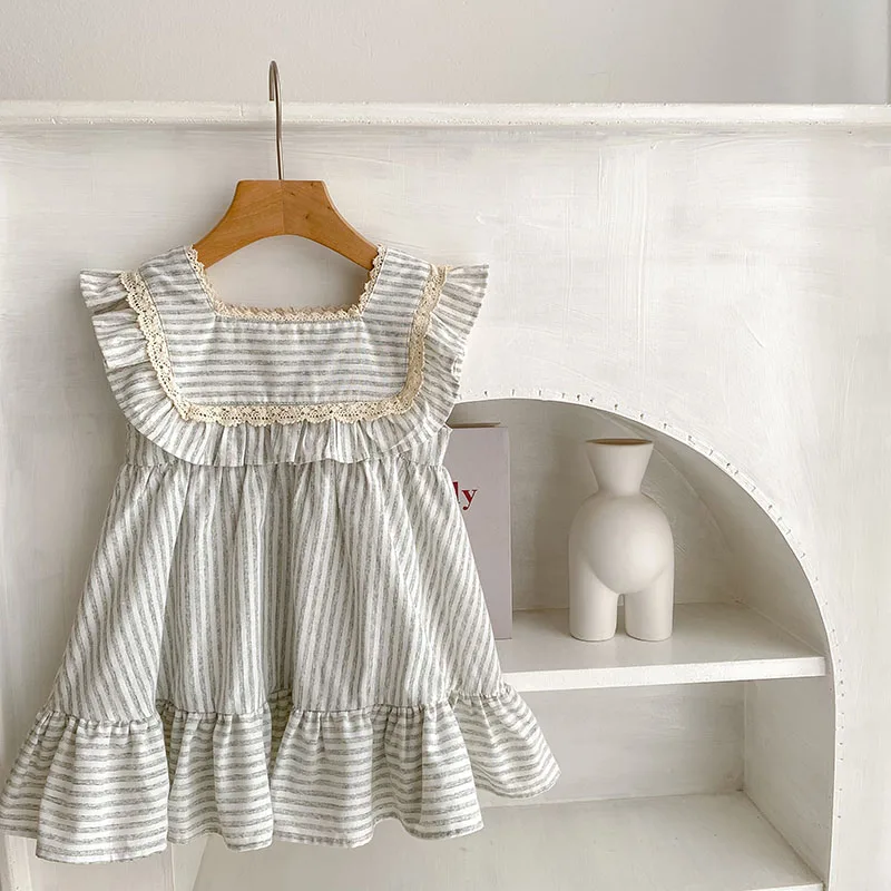 Girl Clothes Summer Baby Girls Striped Plaid Flying Sleeve Birthday Party Dress Cotton Children Elegant Ruffled Clothing Dresses