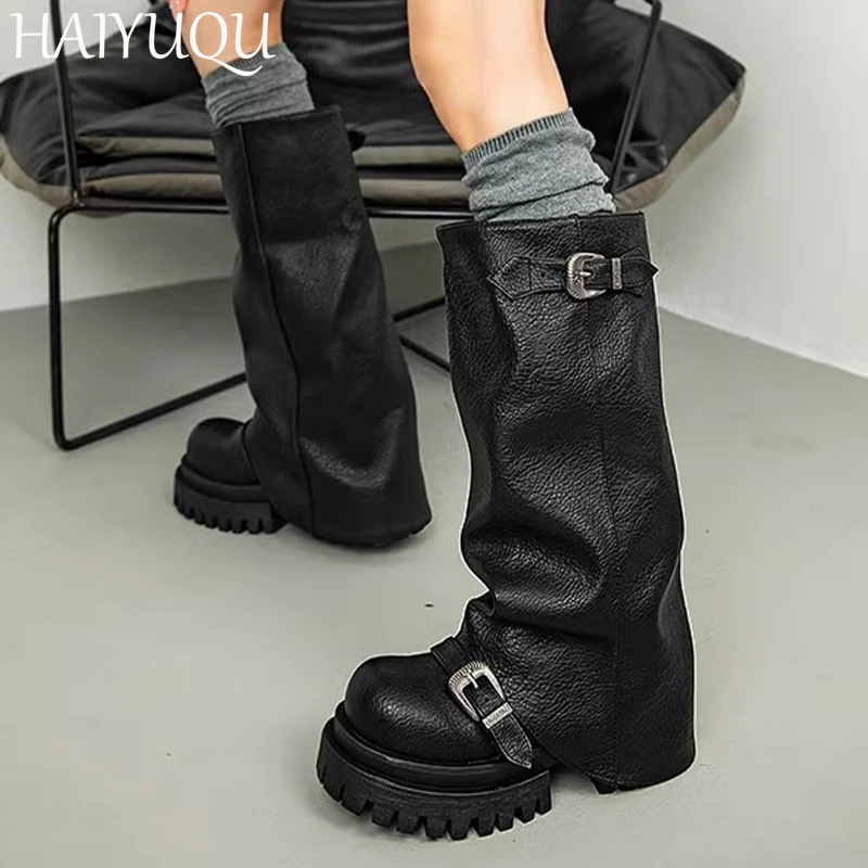 

Women Platform High Boots Mid Heels Leather Shoes Woman 2024 Trend New Snow Chelsea Boots Winter Designer Mujer Motorcycle Boots