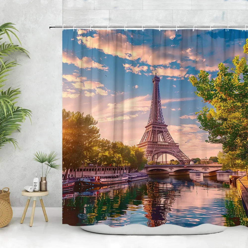 Urban Building Shower Curtain, Vintage Paris Tower Big Ben Street Scenery Red Phone Booth Plant Flower Polyester Bathroom Decor