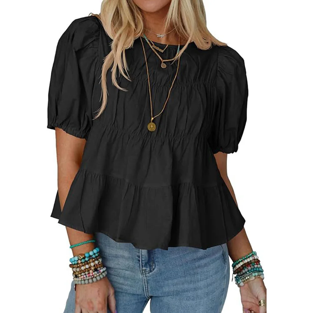 Elegant Casual Blouse For Ladies Blouse Round Neck Shirt Black,White,Orange,Green Puff Sleeve Blouse Short Sleeve