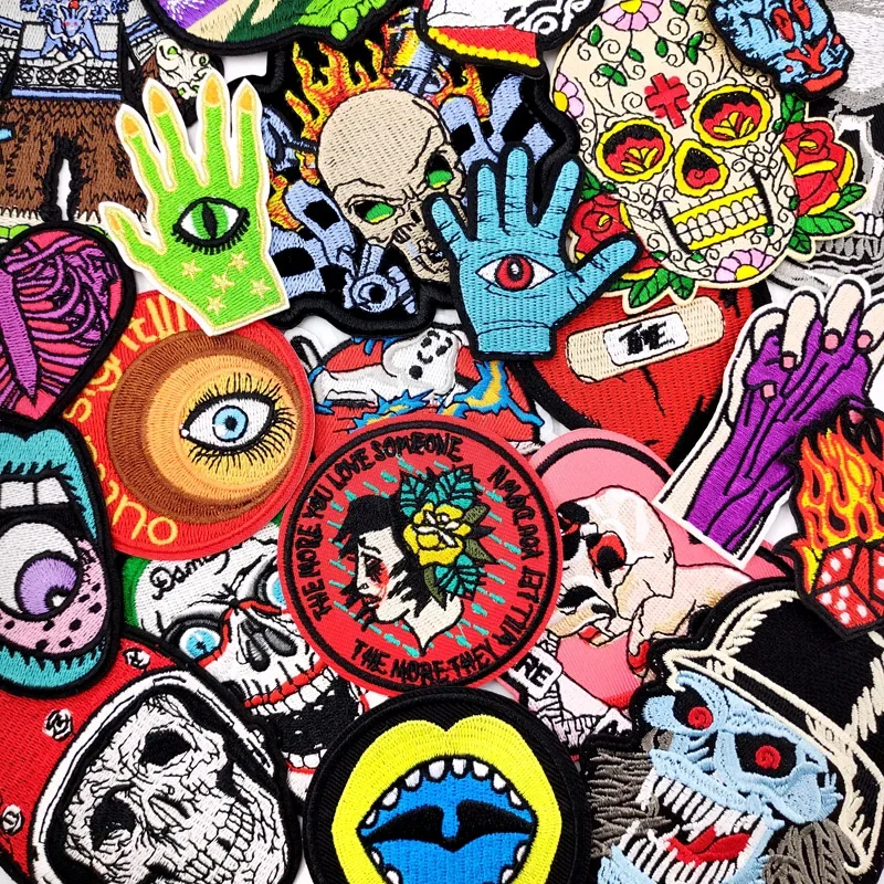 SKULL HAND Flame Patch for Clothing Iron on Embroidered Sewing Applique Cute Fabric Badge DIY Apparel Accessories