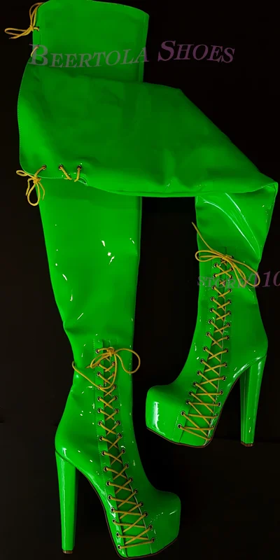 Green Bright Low Platform Side Lace-Up Boot Women Round Stiletto Half Zip Sexy Girl Cool Metallic Glitter Summer Pole Dance Shoe