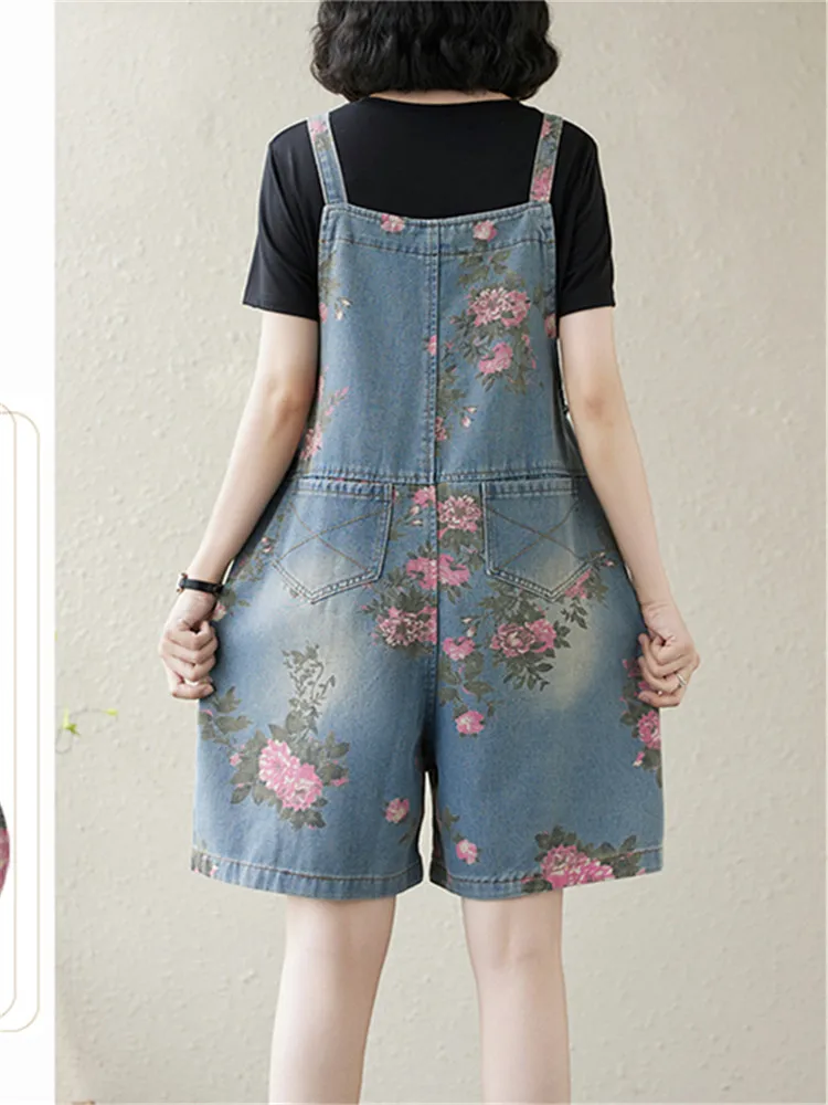 Denim Jumpsuits Loose Casual Korean Fashion Playsuits One Piece Outfits Women Clothing Oversized Floral Shorts Wide Leg Pants