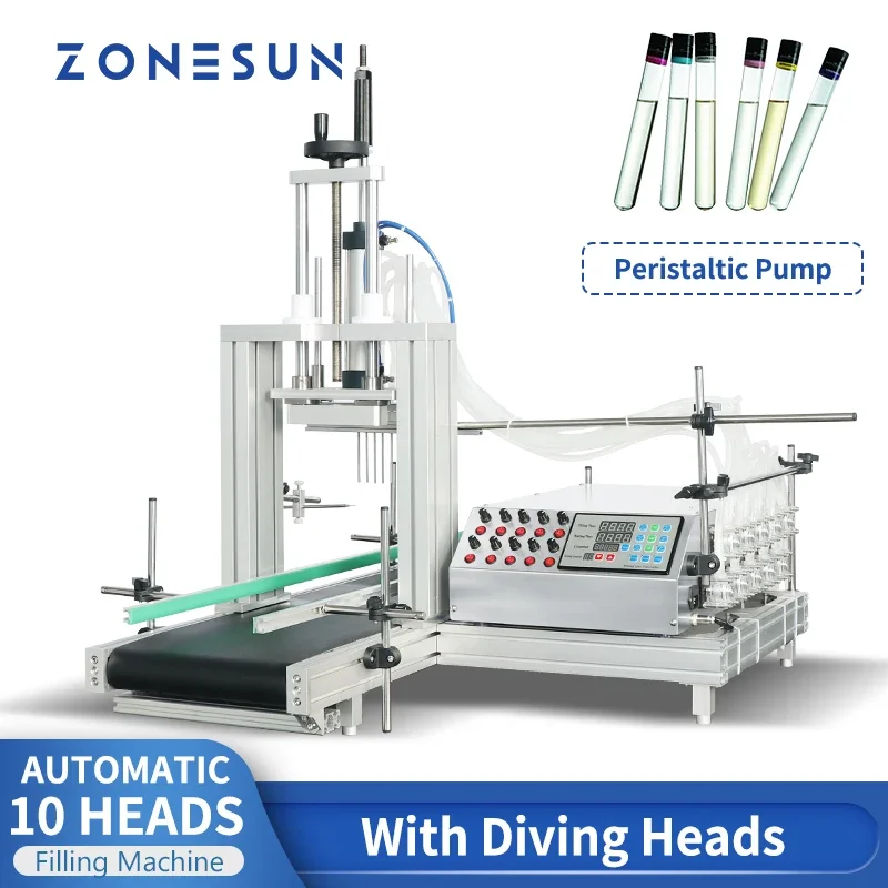 ZONESUN 10 Diving Heads Liquid Filling Machine Peristaltic Pump Vial Tube Chemical Agents Medical With Conveyor