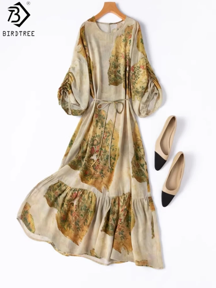 

BirdTree, 100% Silk Print Dress, Lantern Sleeve O-neck, Women Double Crepe Elegant Dresses, Vacation Style, 2026 New D63641JF