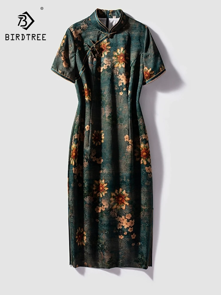 BirdTree, 6A 100%Real Silk Watered Gauze Elegant Dresses, Women Short Sleeve Floral, Vintage Cheongsam, Summer Autumn D48081QC