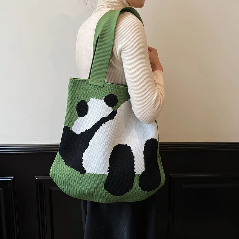 Panda Pattern Knitted Women's Bag Crochet Rope Side Bag Vintage Shoulder Bag Ladies Eco Bag Korean Shopper Knitting Handbags Ins