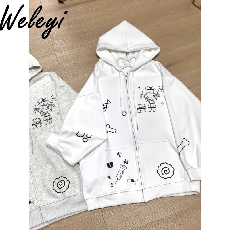 

Original Japanese Early Autumn Cotton Hooded Cardigan Subculture Women's Two-dimensional Thin Jacket Loose Sweatshirt for Women