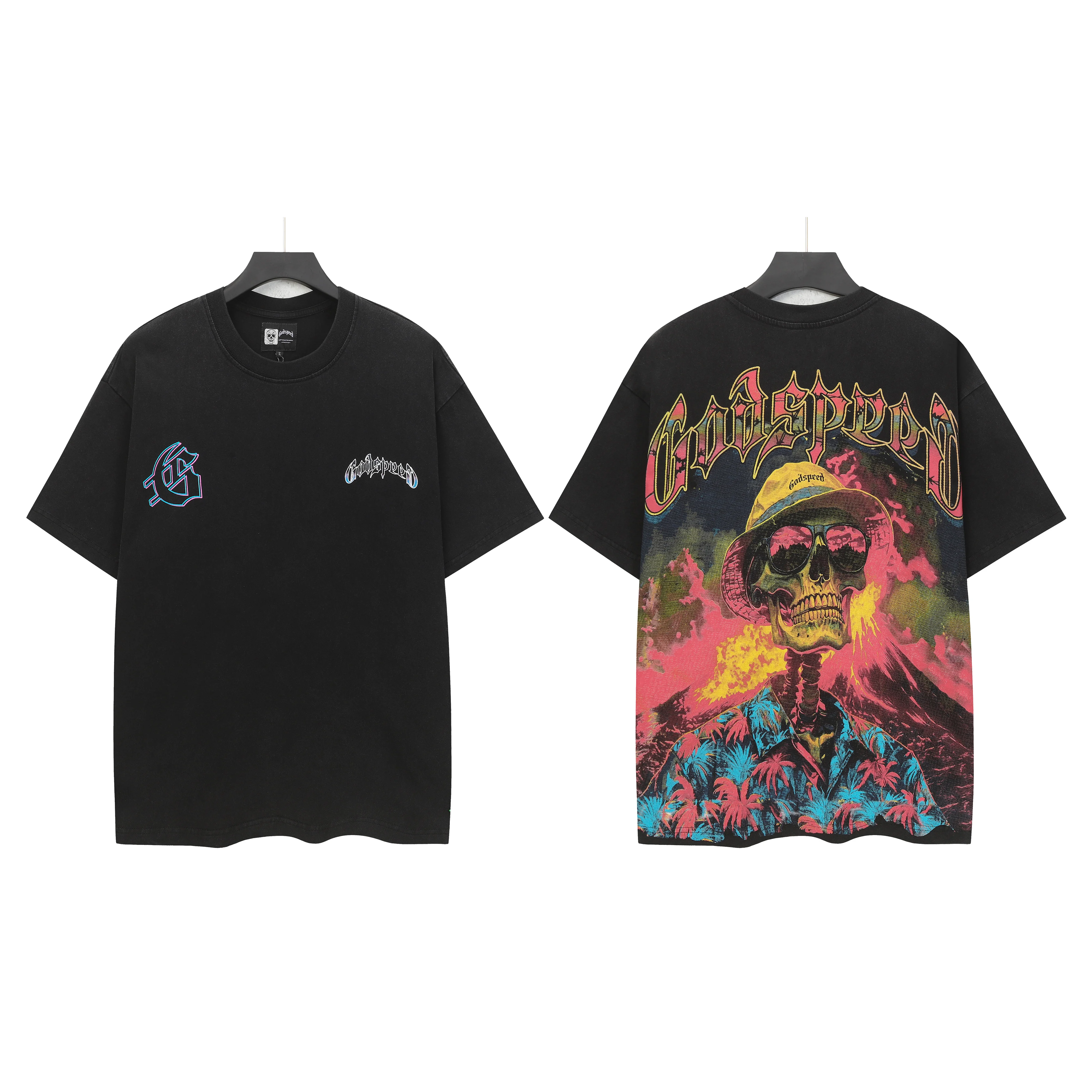 Retro Skull Print T-Shirt Cotton Pure Washed Vintage High Street Loose Short Sleeve Youth Trend City Walk Daily Wear T-Shirt