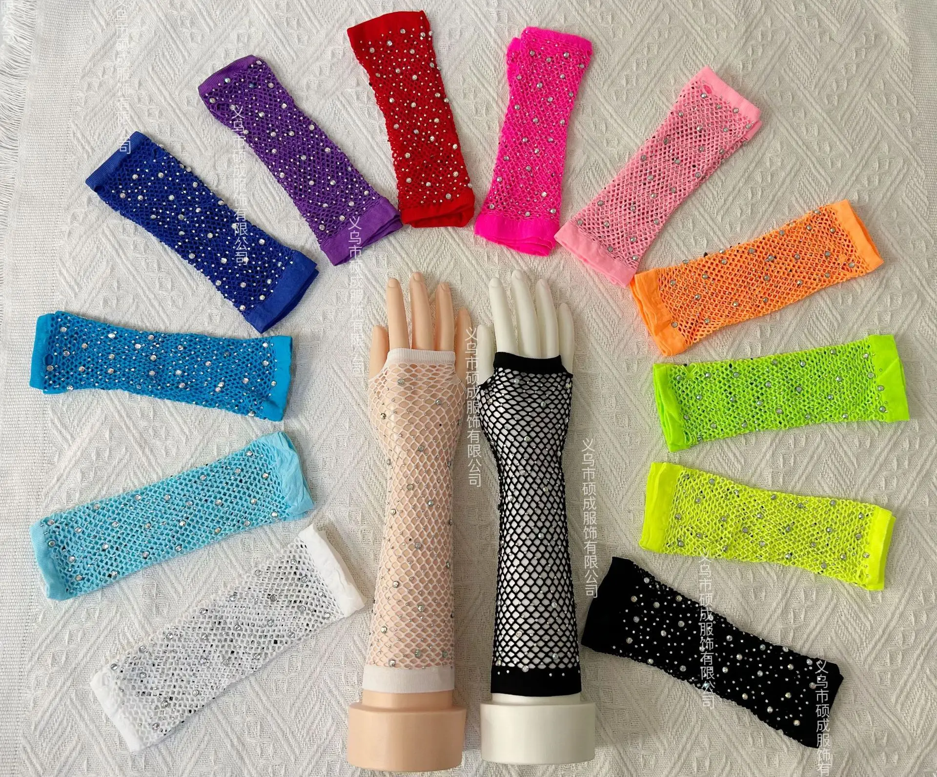 Fishnet Fingerless Gloves Rhinestone Stretchy Multi Color Long Adult Size Nylon Spandex Lightweight Party Stage Show Breathable