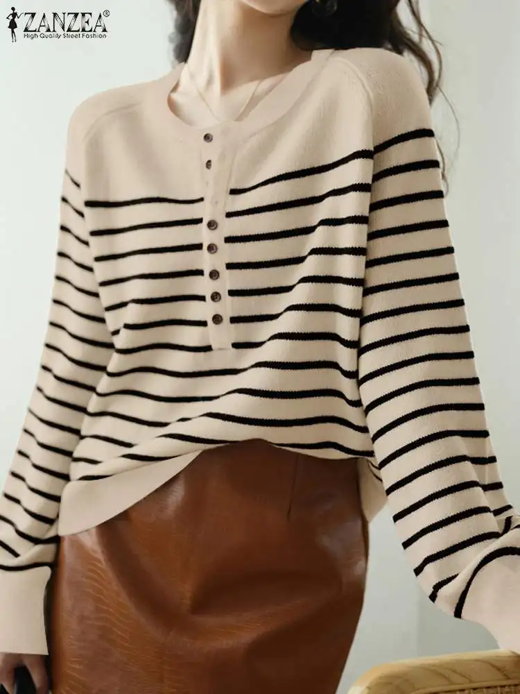 

ZANZEA женские футболки с длинными рукавами, повседневные топы в контрастную полоску, 2024, элегантные свободные футболки с круглым вырезом, модные рубашки в корейском стиле