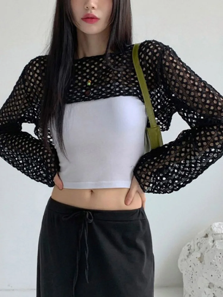 Street Style Fishnet Holes T Shirt See Through Hollow Out Hooded Full Sleeve Crop Top Women Casual Loose Shirt Smock Fall