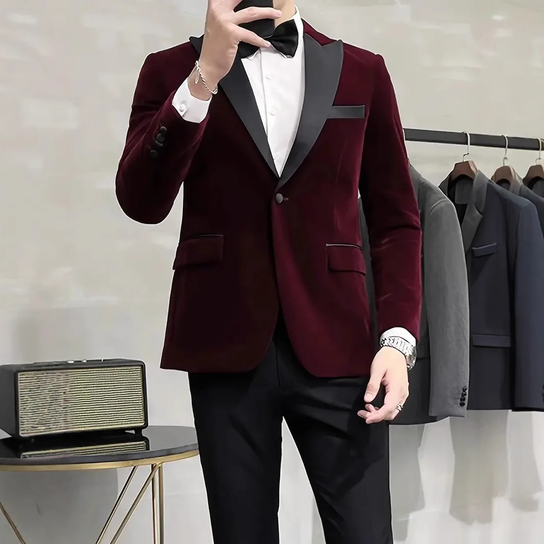 Cross border velvet wine red one button suit set for men's business wedding suit with a lapel collar