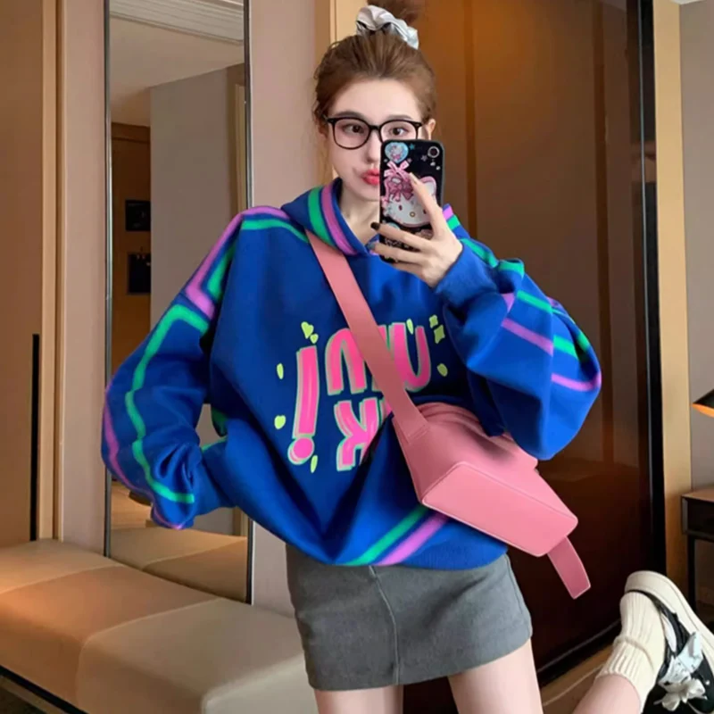 

Autumn Winter Hoodies Women Clothing Vintage Vintage Striped V-neck Long Sleeve Sweatshirts Female Casual Letter Loose Top Tee