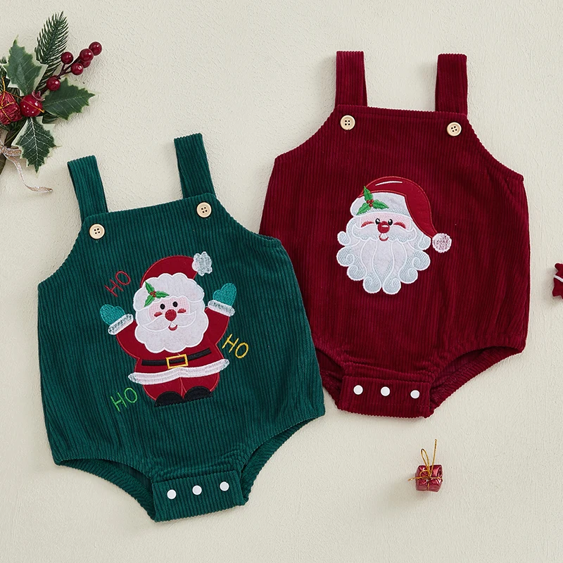 Macacão de veludo para bebês de 0 a 18 meses, meninos e meninas, sem mangas, alça bordada de Papai Noel, macacão regata, roupas de férias para recém-nascidos