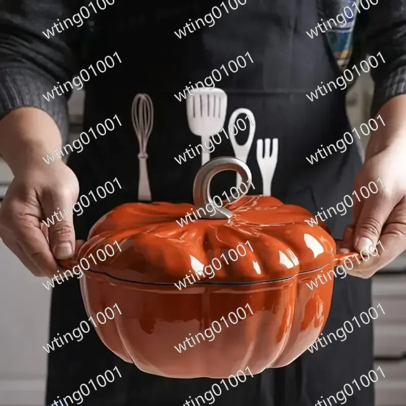 Enameled Pumpkin Cast Iron Dutch Oven 3.7L Enamel Coated Stewpan NonStick Enamel Pot Casserole Dish 9.8inch for All Heat