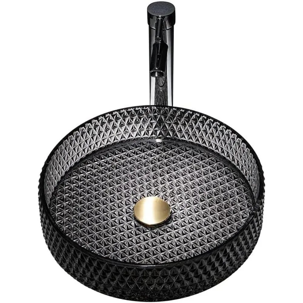 

15" Vessel Sink Black Glass Vessel Sinks for Bathrooms Diamond Shaped Crystal Glass Bathroom Wash Sink