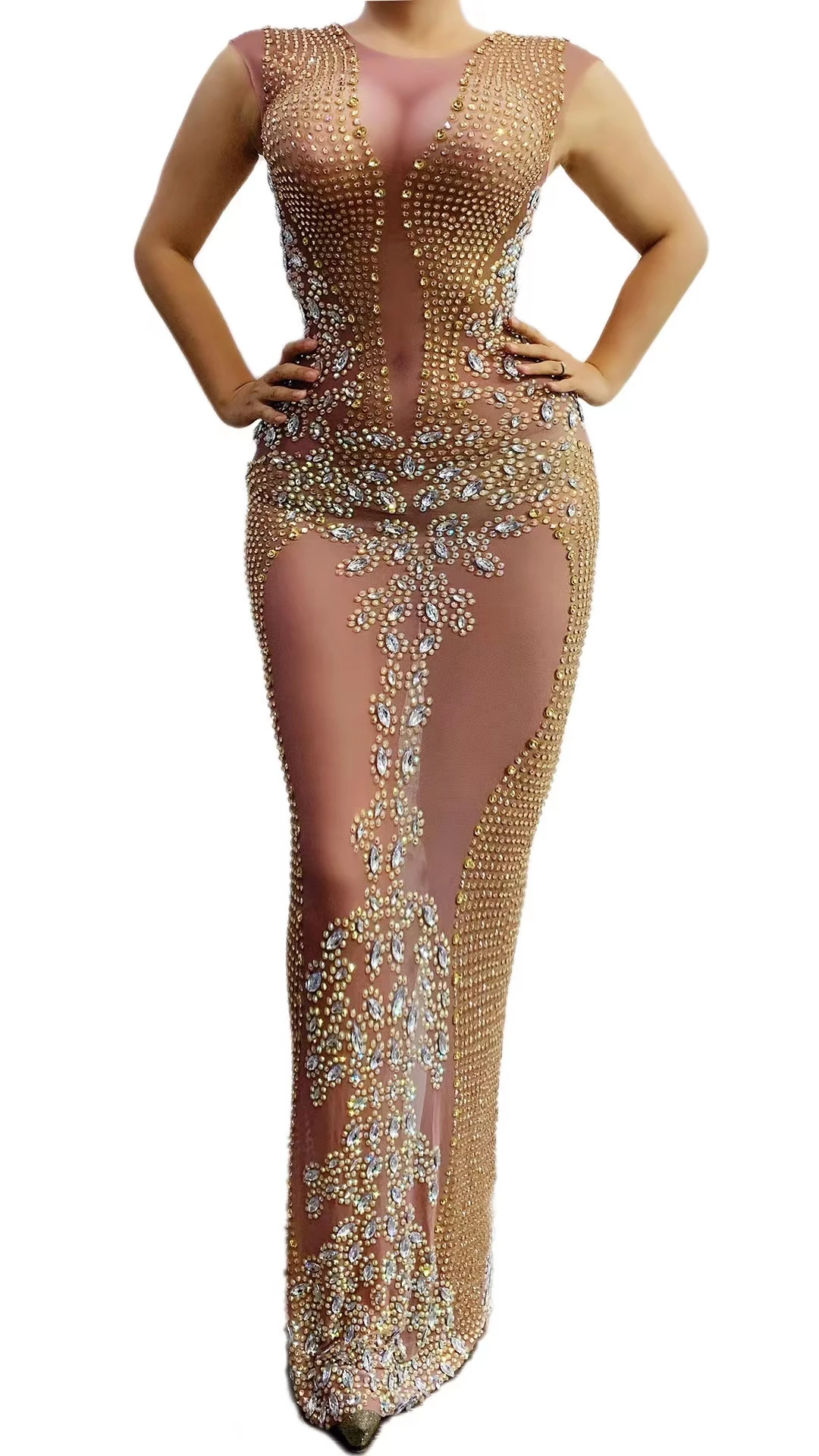 Robe longue transparente en maille avec strass dorés scintillants pour femmes, tenue de fête d'anniversaire, tenue de chanteur, Bar, soirée, bal, A082