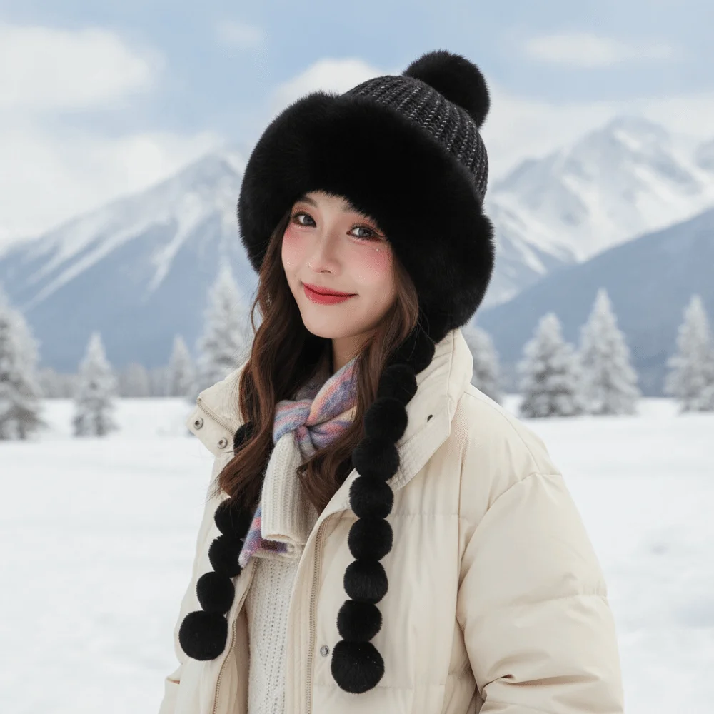 Fleece Lined Pompom Braids Hat Striped Knit Fur Brim Fleece Knit Beanie Soft Yarn Thermal Fur Trim Trapper Commute