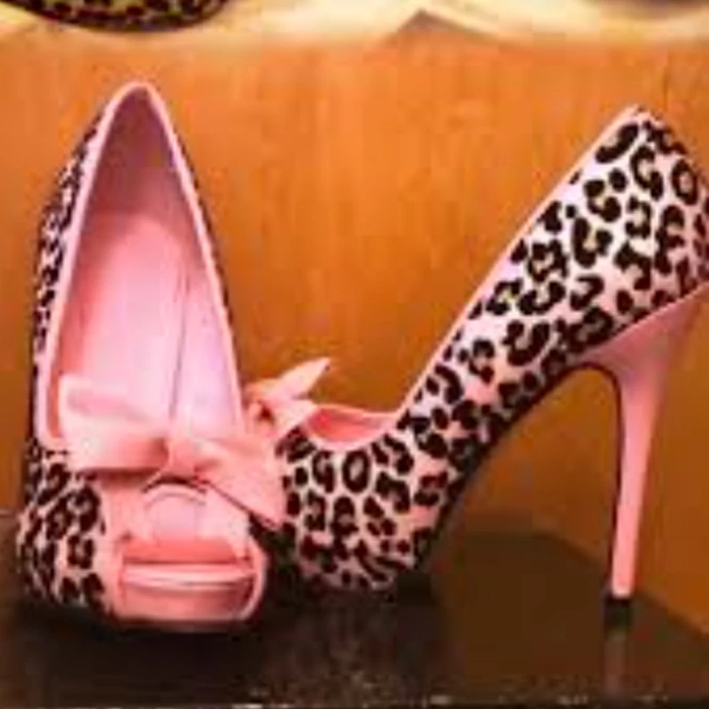 

Pink Leopard Print Peep Toe Bow Platform Stiletto Pumps Women's Slip-On High Heels Sandals Party Evening Shoes Banquet Shoes