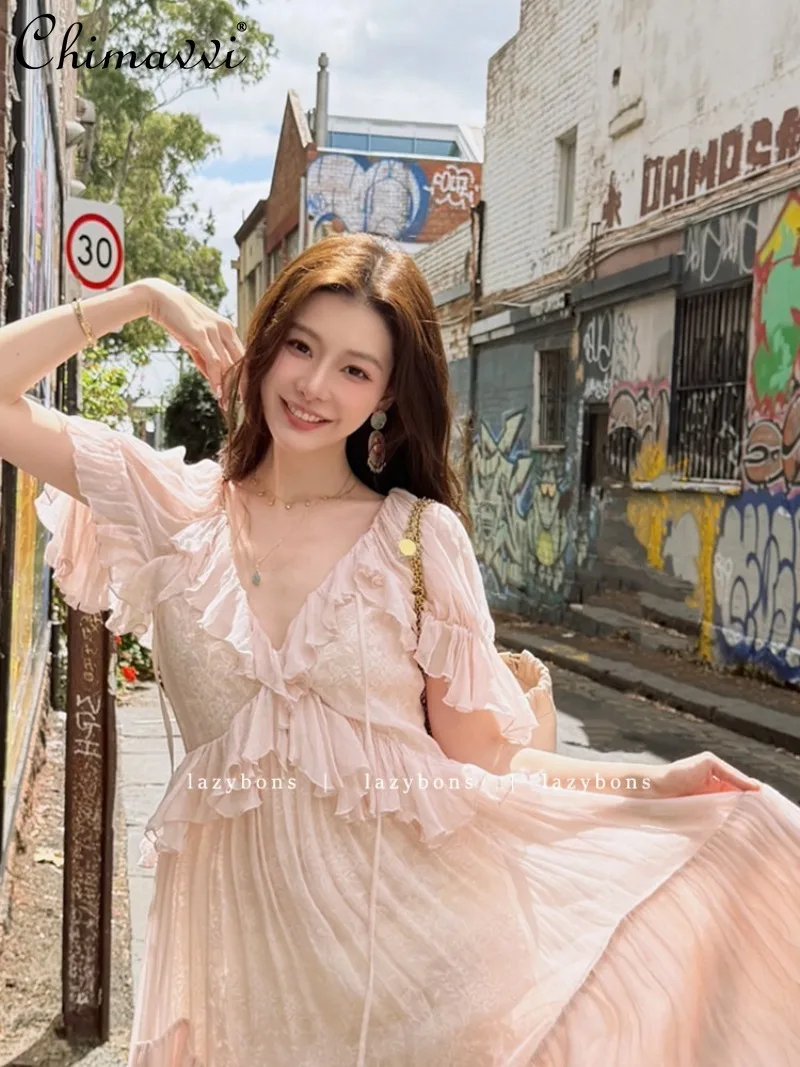 

Pink Lace Dress Women's 2026 Summer Clothes New French Romantic Ruffle Beach Vacation Style Elegant Ladies Maxi Dresses
