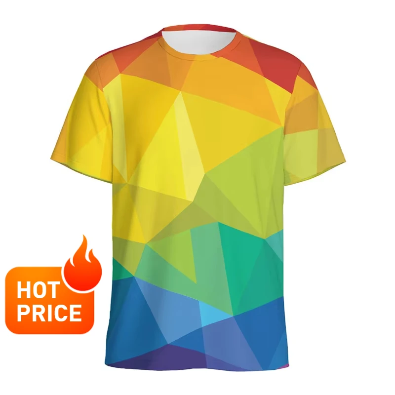 

2025 3D printed summer sweatshirt, short-sleeved shirt with color polygonal pattern, round-neck fitness T-shirt