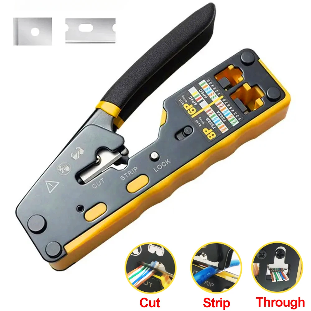 

RJ45 Network Crimper Pass Through Multifunction Ethernet Crimping Pliers Crimp/Cut/Strip for Cat6 Cat5 Cat5e RJ45 Connectors