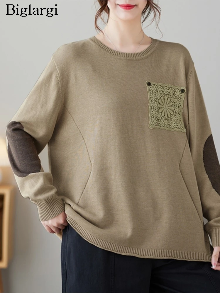 

Негабаритный вязаный осенний пуловер, женский свитер с цветочной вышивкой, модные повседневные женские свитера, свободный женский свитер с длинными рукавами
