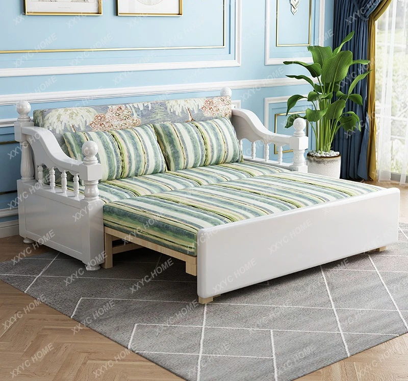 HH Foldable multi-functional solid wood sofa bed living room pull-out retractable small apartment simple sitting sleeping bed