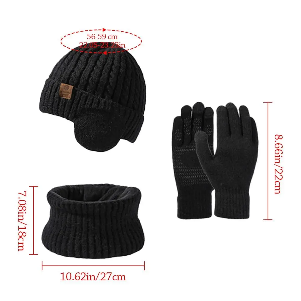 3Pcs/set Winter Warm Beanie Hat Scarf Knitted Soft Touch Screen Gloves Windproof Woolen Fleece Lining Scarves for Men Women