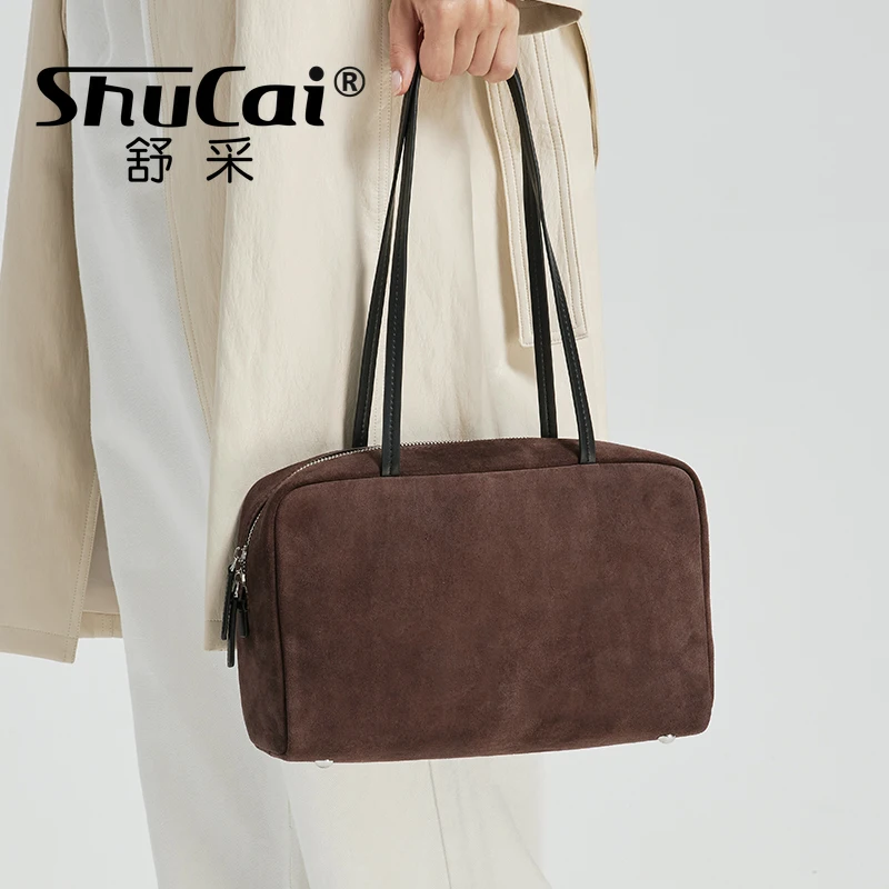 

Women's Suede Leather Boston Bag Genuine Leather Shoulder Crossbody Bowling Bag Female Luxury Designer Brand Square Tote Handbag