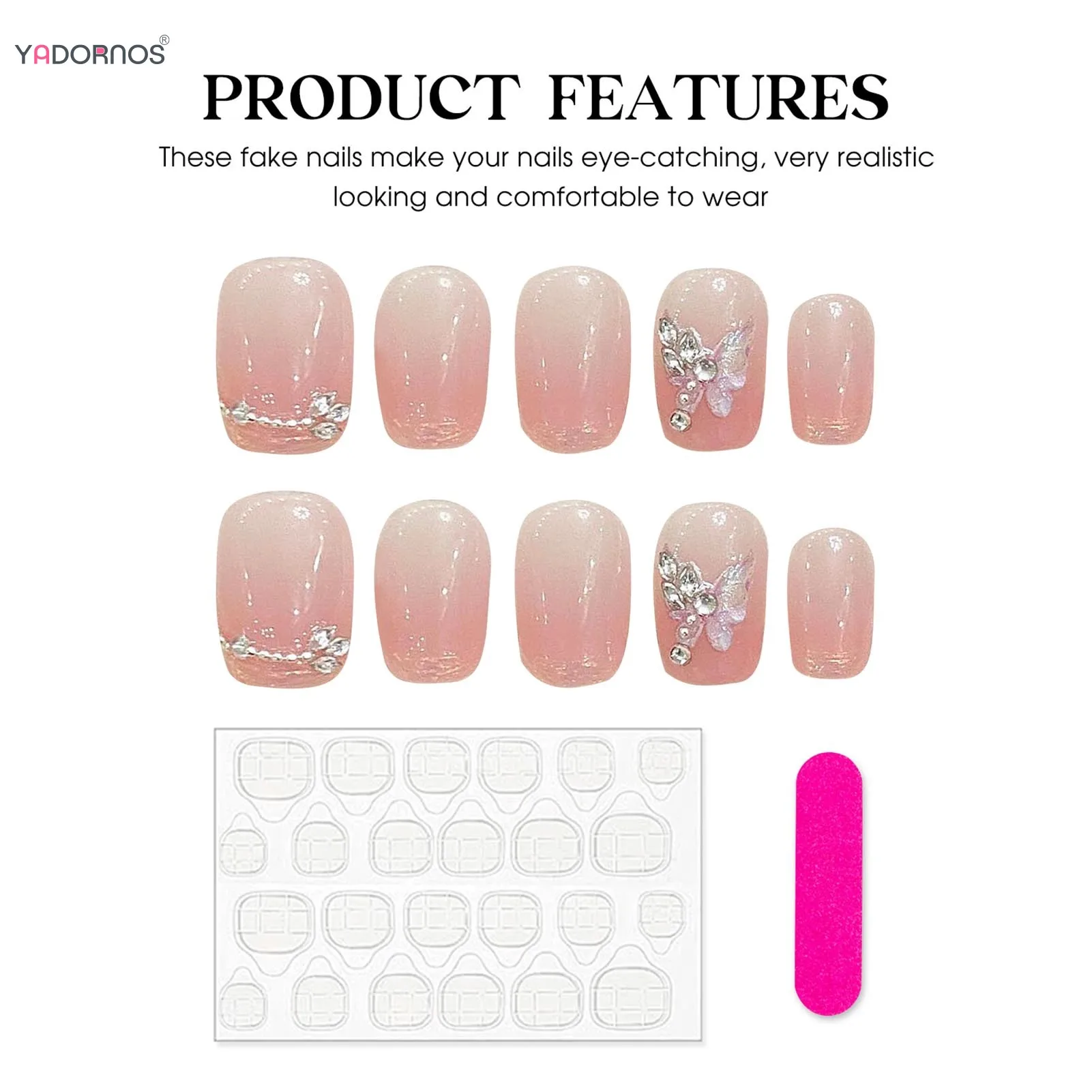 10Pcs Blush Pink Press on Nails Short Square Fake Nails Rhinestone Butterfly Designs Handmade Wearable Manicure for Woman Girls