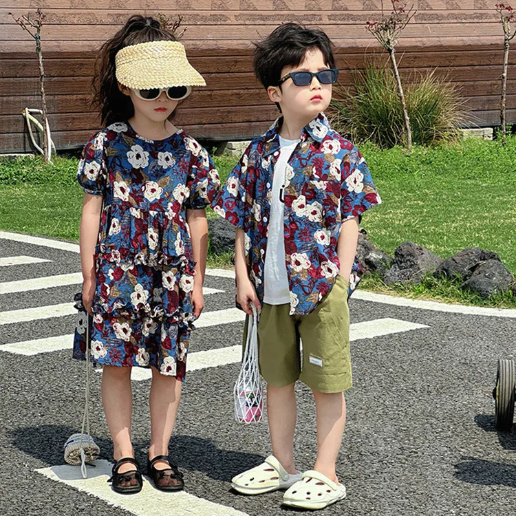 Brother Sister Matching Floral Outfits Baby Twins Clothes Kids Girl Flower Dresses Vacation Child Boy Shirts Sibling Clothing