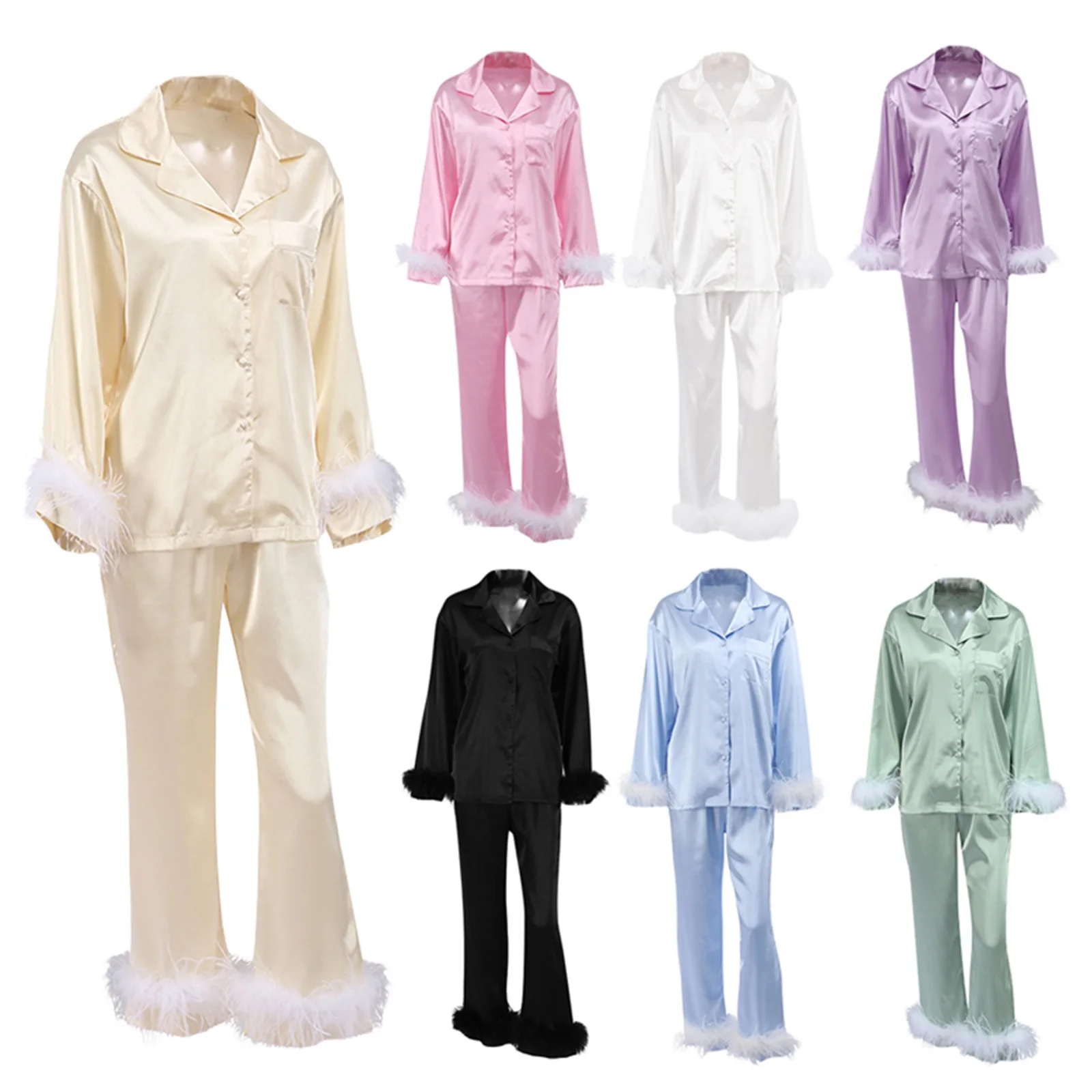 Women Spring Fall Soft Pajamas Sets Fur Feather Trim Long Sleeve Button Satin Silk Shirts Pants Loungewear Sleepwear Homewear