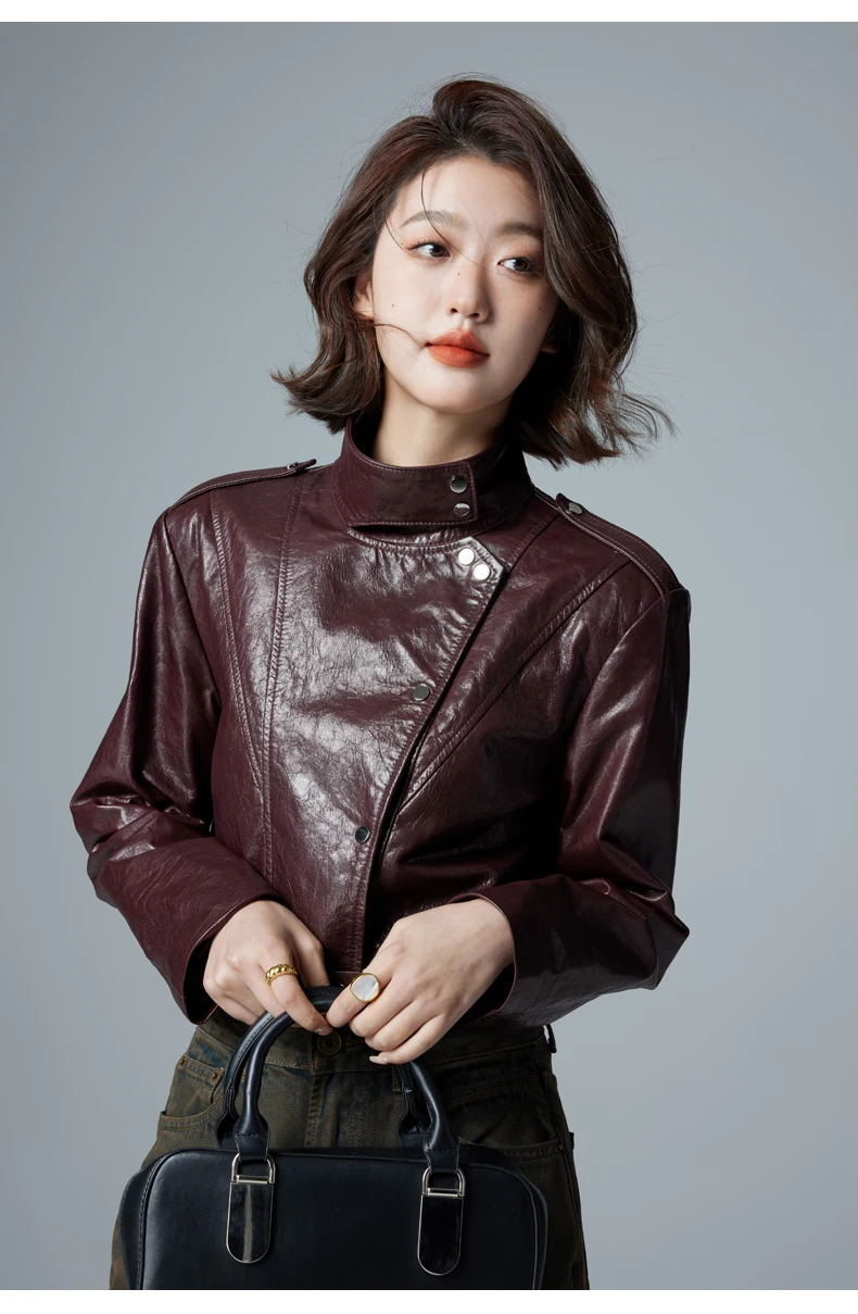 

Genuine Leather Motorcycle Jacket for Women Simple Stand Collar Slim Short Oil Wax Real Goatskin Leather Coat chaquetas de cuero