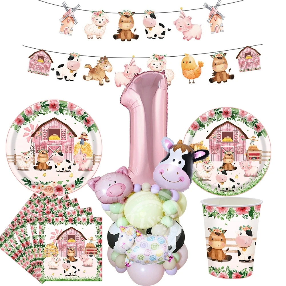 1Set Pink Farm Animal Disposable Tableware With Carton Animal Balloons for Girl\'s Farm Animal Themed Birthday Party Decorations