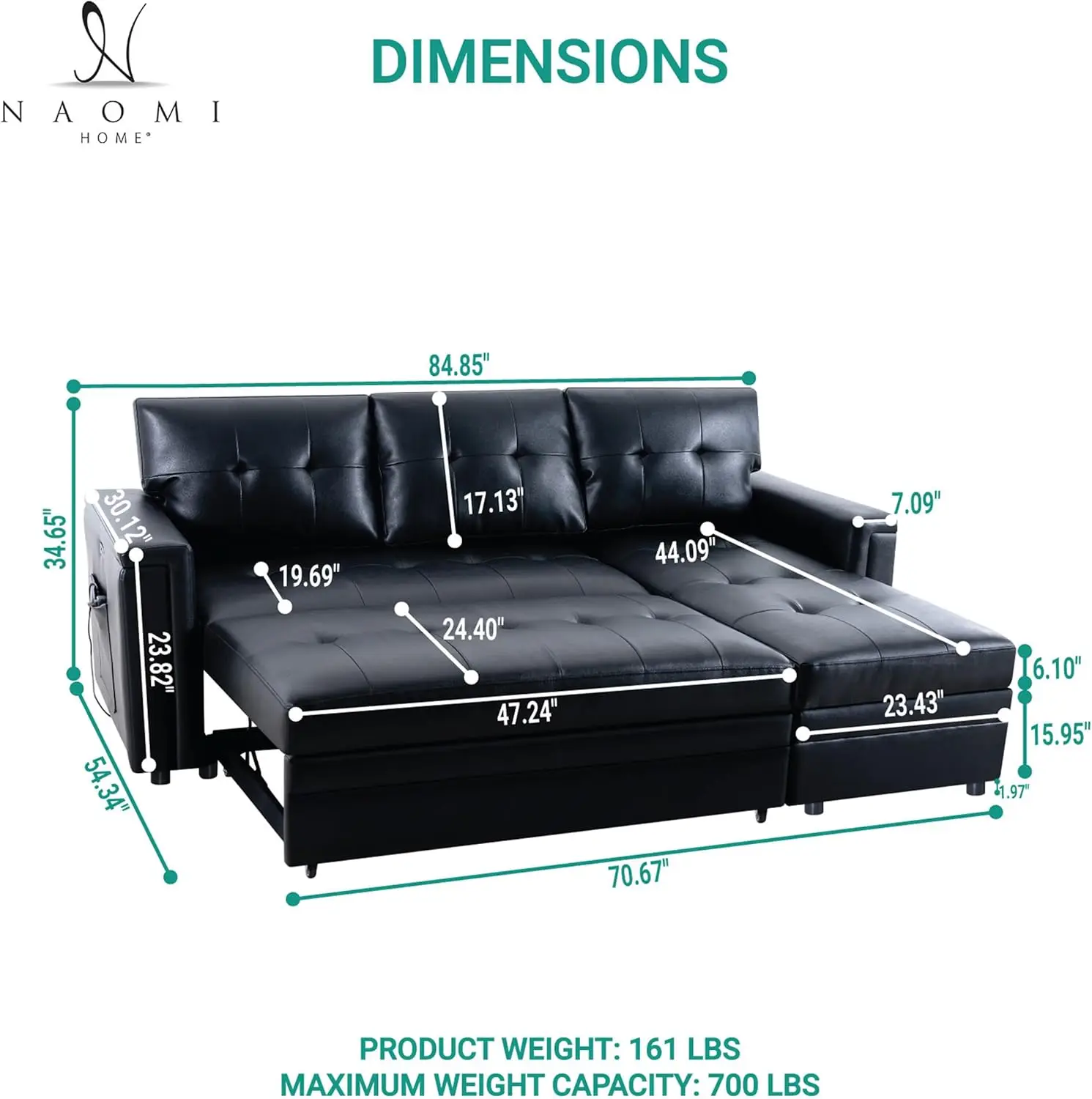 Lily Sectional Sleeper Sofa with USB Ports-L-Shaped Couch Convertible Pull-Out Bed, Ample Storage,Timeless Design,Air Leather