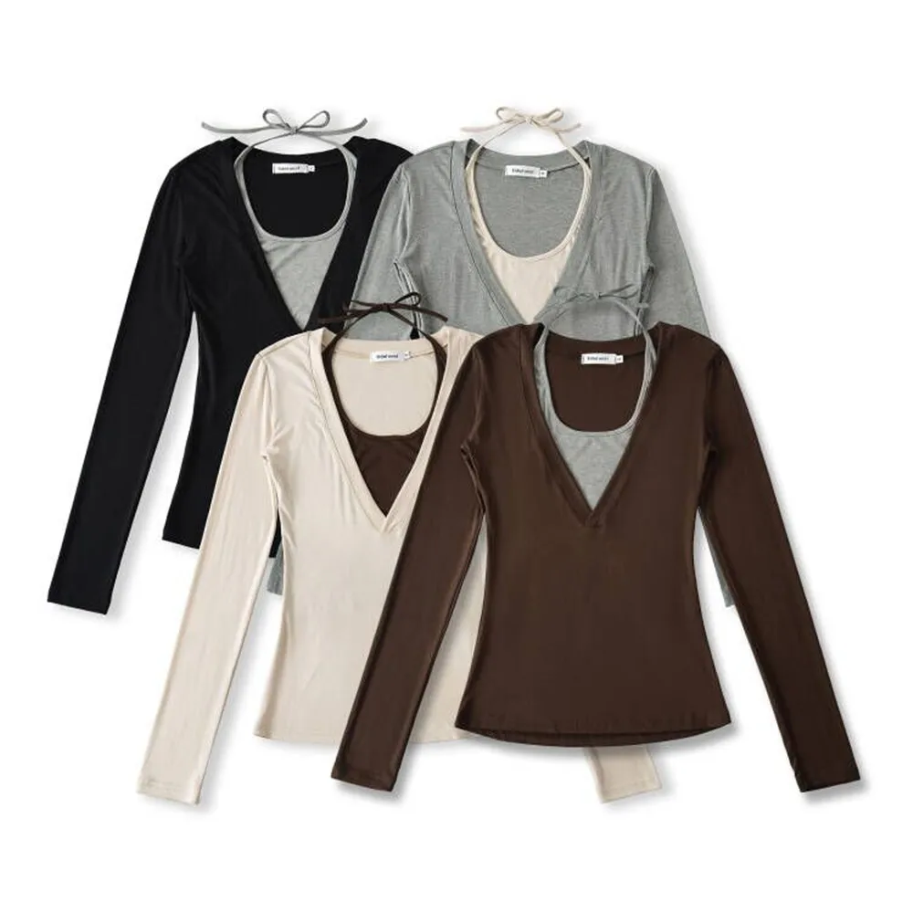 4 ألوان 2025 الخريف التعادل القوس الرسن التباين اللون كاذبة 2 قطع طويلة الأكمام تي شيرت عادية المحملة البلوز المحاصيل الأعلى