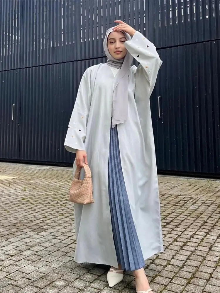 Ramadan Eid Linen Love Embroidery Open Abaya for Women Dubai 2024 New Plain Kimono Muslim With Pockets Islam Clothing Kebaya